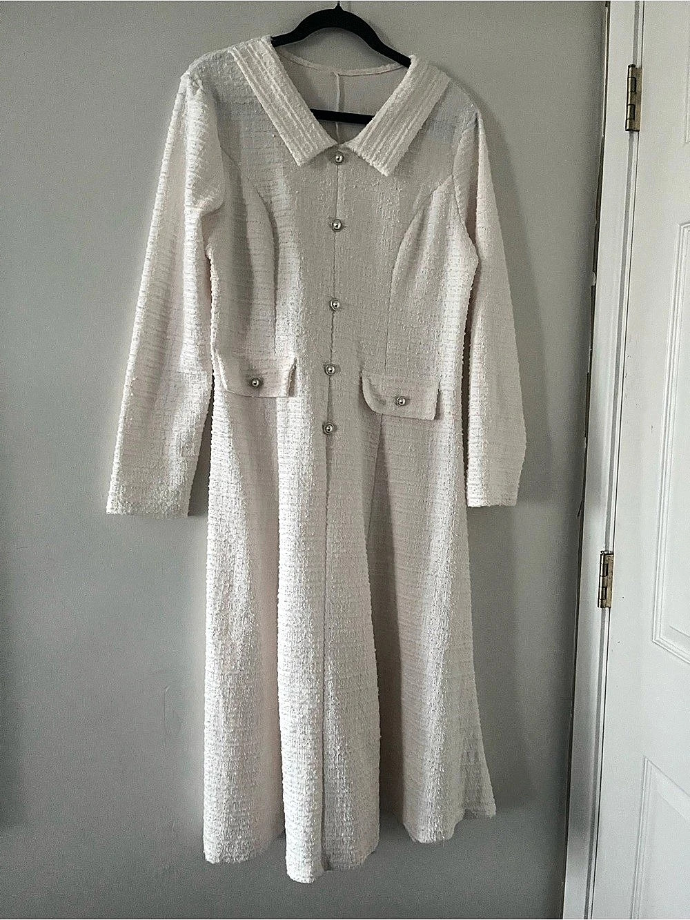 White Tweed Long Sleeve Midi Dress Pearl Buttons XL Lady Jacket Quiet Luxury